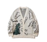 Men's Fairycore Dinosaur Pattern Sweater Y2k Japanese Aesthetics Cardigan Harajuku Preppy Outerwear Indie Streetwear, White, Large