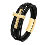 Mens Faith Bracelet Classic Handmade Braided Mens Leather Bracelet with Cross Layered Cuff Bangle with Magnetic Clasp Wide Wristbands Gift for Boys Him Jewelry Accessories Gold 23Cm