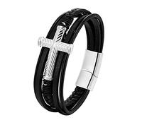 Mens Faith Bracelet Classic Handmade Braided Mens Leather Bracelet with Cross Layered Cuff Bangle with Magnetic Clasp Wide Wristbands Gift for Boys Him Jewelry Accessories Silver 21Cm