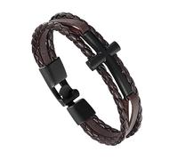 Men's Faith Bracelet Cross Leather Bracelet for Men Magnetic Closure Religious Cross Multi-Layer Braided Cuff Bangle with Clasp Wide Wristbands Jewelry Gifts Brown/Black Cross 21Cm