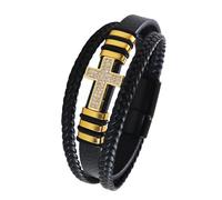 Men's Faith Bracelet Cross Leather Bracelet for Men Magnetic Closure Religious Cross Multi-Layer Braided Cuff Bangle with Clasp Wide Wristbands Jewelry Gifts Gold 21Cm