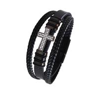 Men's Faith Bracelet Cross Leather Bracelet for Men Magnetic Closure Religious Cross Multi-Layer Braided Cuff Bangle with Clasp Wide Wristbands Jewelry Gifts Black 19Cm