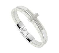 Men's Faith Bracelet Cross Leather Bracelet for Men Magnetic Closure Religious Cross Multi-Layer Braided Cuff Bangle with Clasp Wide Wristbands Jewelry Gifts White/Silver Cross 21Cm