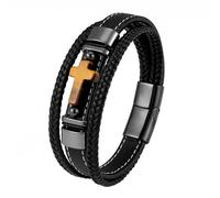 Men's Faith Bracelet Cross Leather Bracelet for Men Religious Cross Multi-Layer Braided Cuff Bangle with Magnetic Clasp Leather Rope Wide Wristbands Jewelry Gifts Black 23Cm