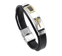 Men's Faith Bracelet Cross Leather Bracelet for Men Religious Cross Multi-Layer Cuff Bangle with Clasp Wide Wristbands Gift for Boys Him Jewelry Accessories Silver/Gold Cross 21Cm