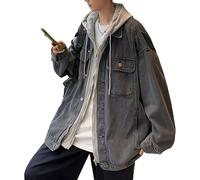 Mens Fake Two Pieces Denim Jacket Trucker Denim Jacket with Hood Jeans Coat With Hood For Men