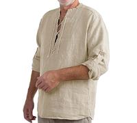 Mens Fall Casual Cotton Linen Henley Shirts 3/4 Long Sleeve Lace Up V-Neck Grandad Collar Hippie Beach Yoga Tops Washed Distressed Medieval Renaissance Viking Pirate Shirts
