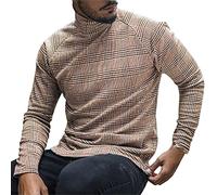 Men's Fall Tee Shirt Work Out Top Trendy Men's Casual Swallow Gird Stripe Print Long Sleeve Turtleneck T-Shirt Blouse for Indoor Outdoor Daily Life (Yellow, L)