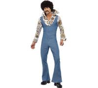 Smiffys Groovy Dancer Costume, Blue Jumpsuit with Attached Mock Shirt, 1970's Disco Fancy Dress, Adult Dress Up Costumes