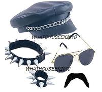 Mens Fancy Dress Black Punk Goth Rock Spike Set YMCA Hat Camp Hat Moustache