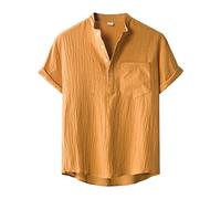 Men's Fashion Athletic Casual Cotton Linen Shirt V-Neck Short Sleeve Mandarin Collar Henley T-Shirts Yoga Tunic Tops Orange