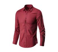 Men's Fashion Business Leisure Lapel Color Long-Sleeved Shirt Top Blouse Shirts for Men with Sleeves Wine