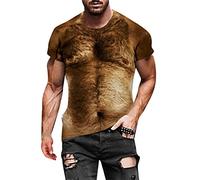 Men's Fashion Casual 3D Digital Print Muscle Exercise Fitness Short Sleeve T-Shirt Top Blouse Shirt, brown, L