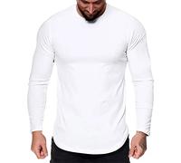 Men's Fashion Casual Sport Fitness Outdoor Curved Hem Plain Crew Neck T-Shirt Long Sleeve Top Spring and Summer Fitness Sport Quick Fry Long Sleeve T-Shirt Crew Neck Elastic Bottom, White, XL