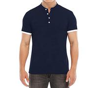Mens Fashion Casual Sports Solid Color Stand Collar Short Sleeve Shirt Top Blouse Mens Fitted Basics (Navy, M)