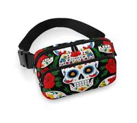 Men's Fashion Dress Decor Waist Bag, Small Pack, Portable Belt Bag with Adjustable Strap Mexican Day Dead Rose Sugar Skulls