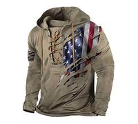 Men's Fashion Hoodies Long Sleeve T-Shirt Vintage Lace Up Hooded Sweatshirts USA Flag Print Shirts Drawstring Tee Tops (ZWadA-Khaki, XXL)