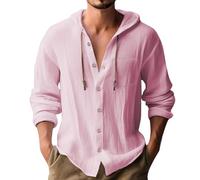Men's Fashion Hoodies & Sweatshirts Men's Up Long Sleeved Solid Cotton and Linen Hooded Shirt Sweatshirt for Men Zip up (Pink, L)