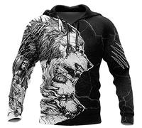 Men's Fashion Hoodies Viking Animal Wolf Print Long Sleeve Sweatshirt 3D Printed Hoodie with Kanga Pocket