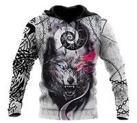 Men's Fashion Hoodies Viking Animal Wolf Print Long Sleeve Sweatshirt 3D Printed Hoodie with Kanga Pocket