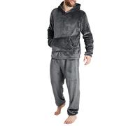 Mens Fashion Leisure Soft Home Solid Color Shirt Pants Pajama Set Home Service Two Piece Set Long Fleece Warm Hoodie Pyjamas Slipper with Memory Foam Dark Gray