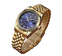 Mens Fashion Luxury Stainless Steel Calendar Rhinestone Waterproof Sports Women Unisex Quartz Watch, Gold Blue, Business Casual Fashion Sports