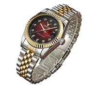 Mens Fashion Luxury Stainless Steel Calendar Rhinestone Waterproof Sports Women Unisex Quartz Watch, Red Silver Gold, Business Casual Fashion Sports