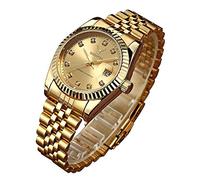 Mens Fashion Luxury Stainless Steel Calendar Rhinestone Waterproof Sports Women Unisex Quartz Watch, Gold, Business Casual Fashion Sports