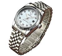 Mens Fashion Luxury Stainless Steel Calendar Rhinestone Waterproof Sports Women Unisex Quartz Watch, Silver White, Business Casual Fashion Sports