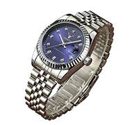 Mens Fashion Luxury Stainless Steel Calendar Rhinestone Waterproof Sports Women Unisex Quartz Watch, Silver Blue, Business Casual Fashion Sports
