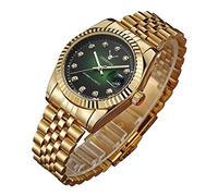 Mens Fashion Luxury Stainless Steel Calendar Rhinestone Waterproof Sports Women Unisex Quartz Watch, Green Gold, Business Casual Fashion Sports