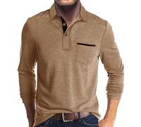 Mens Fashion Polo Shirts Cotton Classic Long Sleeve Thermal Button Shirt with Pocket