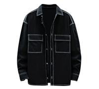 Mens Fashion Simple Cotton Solid Pocket Cardigan Button Sweater Shirt Long Sleeves Shirts (Black, L)