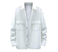Mens Fashion Simple Cotton Solid Pocket Cardigan Button Sweater Shirt Long Sleeves Shirts (White, L)