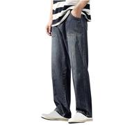 Men's Fashion Solid Color Loose Fit Hip-Hop Street Style Straight Leg Jeans Retro Dance Skateboarding Sports Loose Fit Jeans (Dark Blue,33)