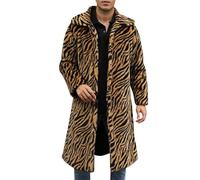 Mens Faux Fur Animal Print Coat, Long Warm Overcoat, Stylish Tiger Striped Winter Jacket, Button Closure Furry Outerwear, Casual Fashion Coat for Parties and Daily Wear