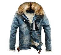 Men's Faux Fur Collar Denim Jacket Winter Fleece Lined Jean Jacket Coat Warm Thicken Distressed Trucker Outwear