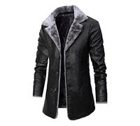 Mens Faux Leather Coats Mens Sherpa Lined Fleece Winter Jackets Thermal Button Down Long Sleeve Trench Coats Fashion Warm Turndown Collar Plain Color Outerwear