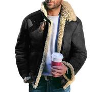 Men's Faux Leather Fleece Jacket Collar Leather Heavyweight Jackets Sherpa Lined Retro Motorcycle Coat, Black, XX-L