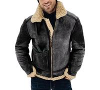 Men's Faux Leather Fleece Jacket Collar Leather Heavyweight Jackets Sherpa Lined Retro Motorcycle Coat, Dark Gray, XX-L