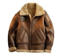 Men's Faux Leather Jacket Brown Motorcycle Bomber Shearling Suede Stand Collar Zip-Up Biker Coat Mens Winter Coat