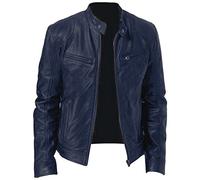 Mens Faux Leather Jacket Vintage Stand Collar Motorcycle PU Jackets Fall Winter Moto Biker Outwear Coats (Dark Blue,XL)