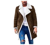 Mens Faux Sheepskin Coat Mens Coat Mid Length Fleece Lined Outwear Bomber Faux Leather Jacket Winter Warm Outwear Classic Vintage Jacket Thicked Sheepskin Overcoat Lapel Long Sleeve Windbreaker