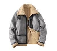 Mens Faux Suede Leather Jacket Sherpa Fleece Lined Bomber Jacket with Fur Collar Winter Thermal Trucker Coat Vintage Oversized Aviator Shearling Fur Overcoat S Grey