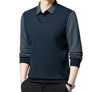 Men's Faux Two Piece Lapel Long-Sleeve Top, Men's Striped Lapel Fake Two-Piece Shirt Long Sleeve, Fake 2-Pieces Knitted Shirt (Teal,L)