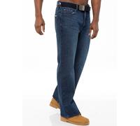 Men's FBM Boot Cut Denim Jeans with Branded Canvas Belt - Dark Wash / 42W / Short (30")