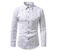 Mens Feather Print Long Sleeve Shirt Casual Button Up(Red L)