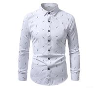 Mens Feather Print Long Sleeve Shirt Casual Button Up(White L)