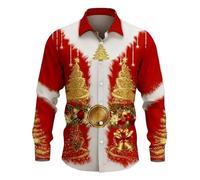 Men's Festive Christmas Shirt Long Sleeve with 3D Santa Sequin Design, Golden Trees Bells Print Performance Wear for Holiday Shows, Xmas Parties & Special Events(Brick Red, L)