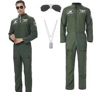 Men's Fighter Pilot Costume Military Aviator Jumpsuit Halloween Cosplay | 3-Piece Set Green Aviator Jumpsuit,Sunglasses,Necklace,Badge Details Realistic for Halloween Cosplay Carnival World Book Day